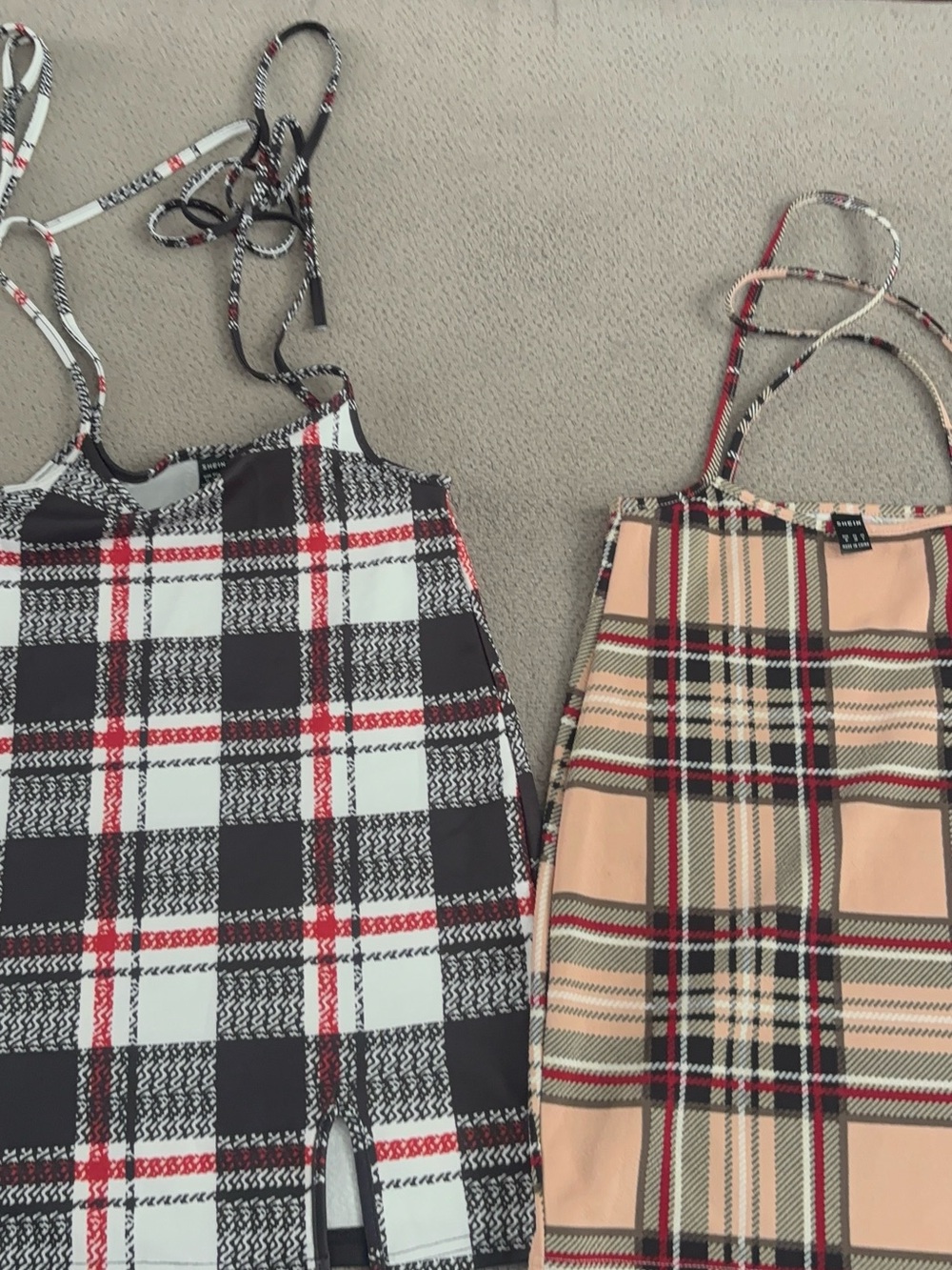 Plaid Slip Dress with Thin Straps - Black/White/Red & Beige/Red Options